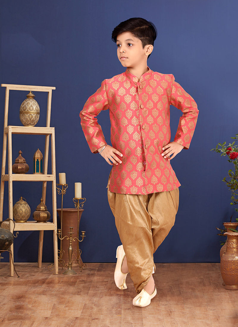 Coral Peach Jacquard Silk Boys Classic Sherwani
