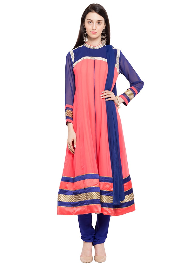 Coral Peach N Blue Georgette Anarkali Suit Party Wear
