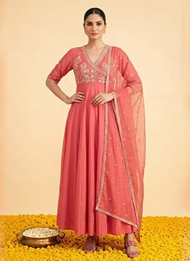 Coral Peach Silk Zari Resham Angarkha Anarkali Suit