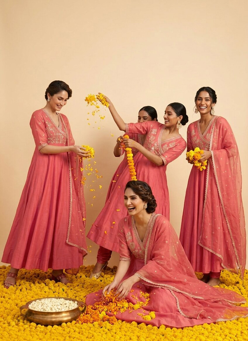 Coral Peach Silk Zari Resham Angarkha Anarkali Suit Festive Wear