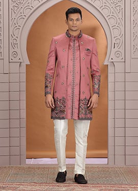 Coral Pink Art Silk Embroidered Sequins Zari Stones Indowestern Sherwani