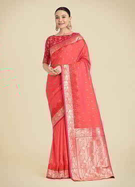 Coral Pink Banarasi Silk Zari Woven Saree