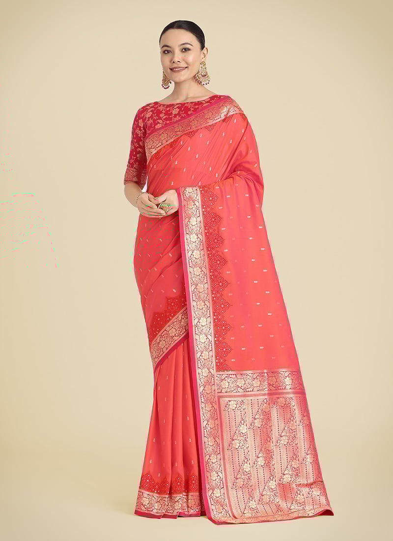 Coral Pink Banarasi Silk Zari Woven Saree Festive Wear