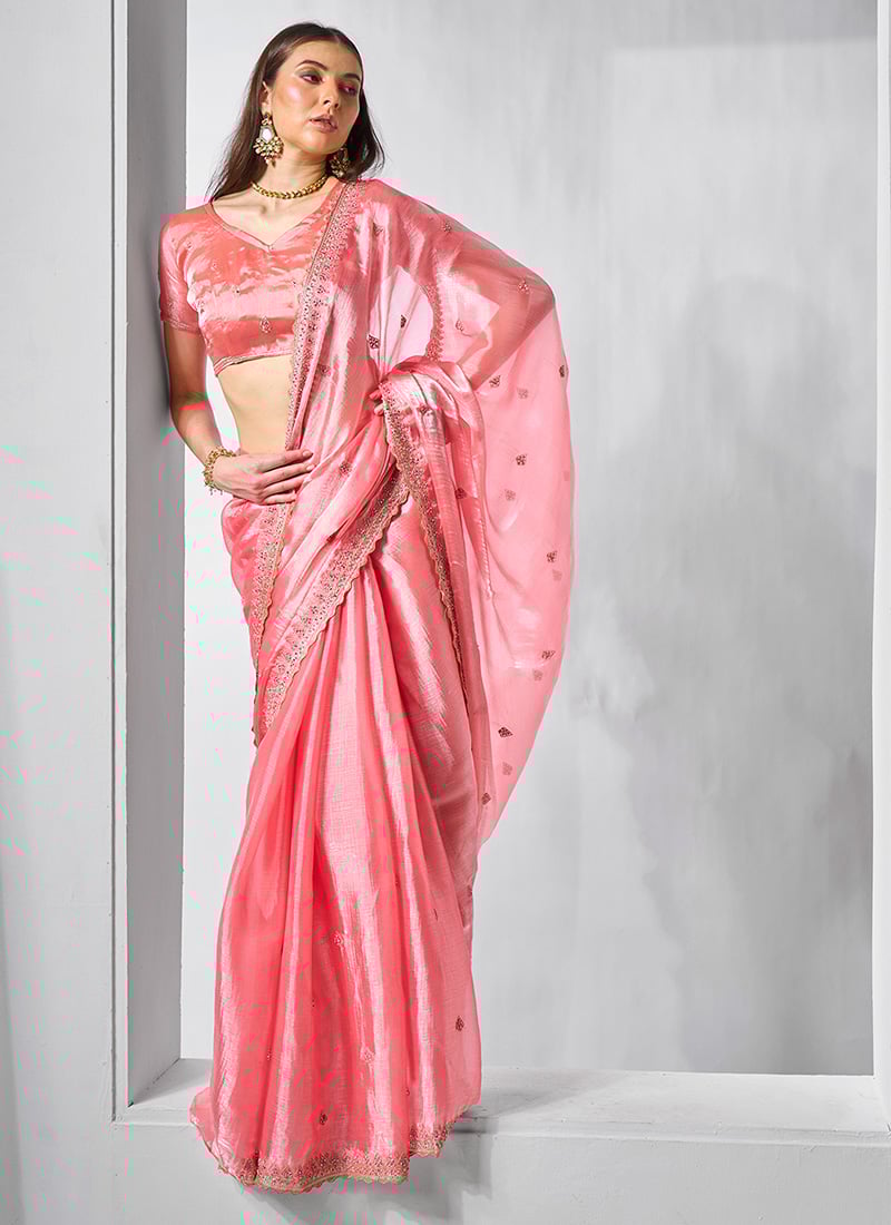 Coral Pink Burburry Silk Thread Embroidered And Sequins Saree