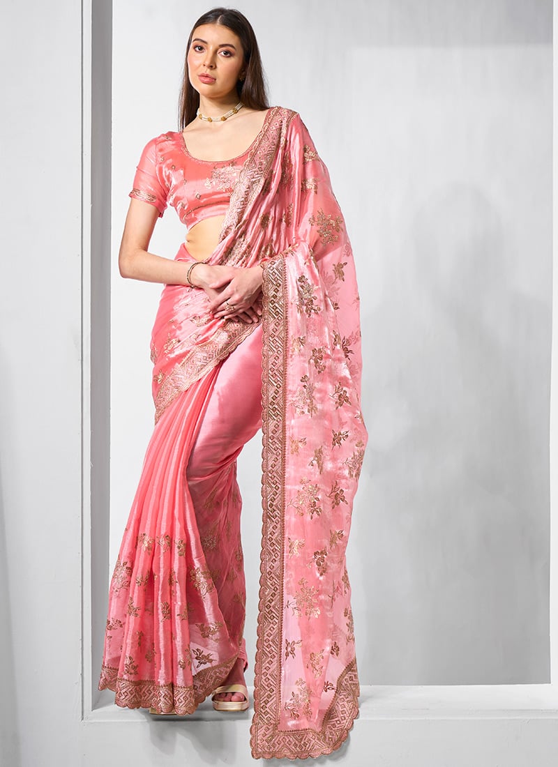 Coral Pink Burburry Silk Thread Embroidered And Sequins Saree Festive Wear