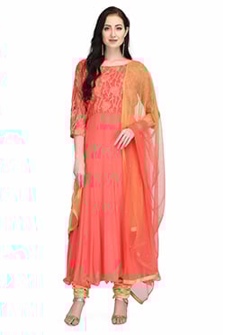 Coral Pink Chiffon Thread Embroidered Anarkali Suit