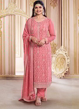 Coral Pink Chinon Silk Stone Embroidered Sequins Straight Pant Suit By Prachi Desai