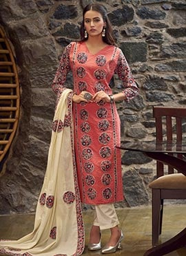 Coral Pink Cotton Kalamkari Print Patch Work Straight Pant Suit