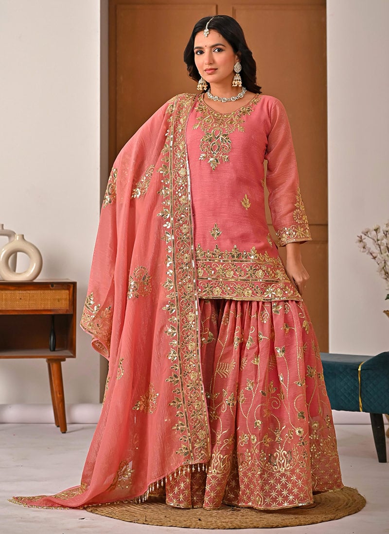 Coral Pink Crunchy Silk Embroidered Sequins Sharara Suit Festive Wear