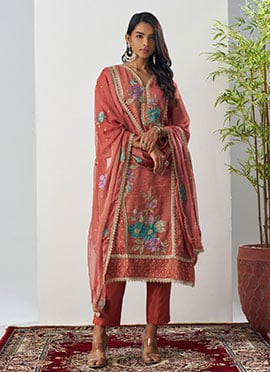 Coral Pink Crush Silk Embroidered Sequins With Beads Work Straight Pant Suit