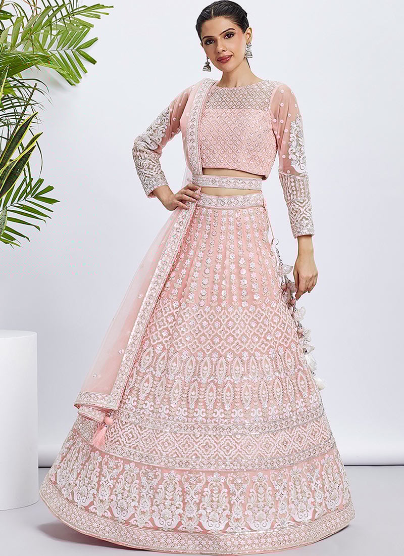 Coral Pink Elegance Georgette Lehenga With Zarkan Sequins Embroidery Wedding Wear