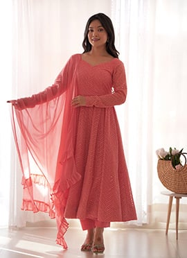 Coral Pink Faux Georgette Anarkali Suit With Sequins And Thread Embroidery Work