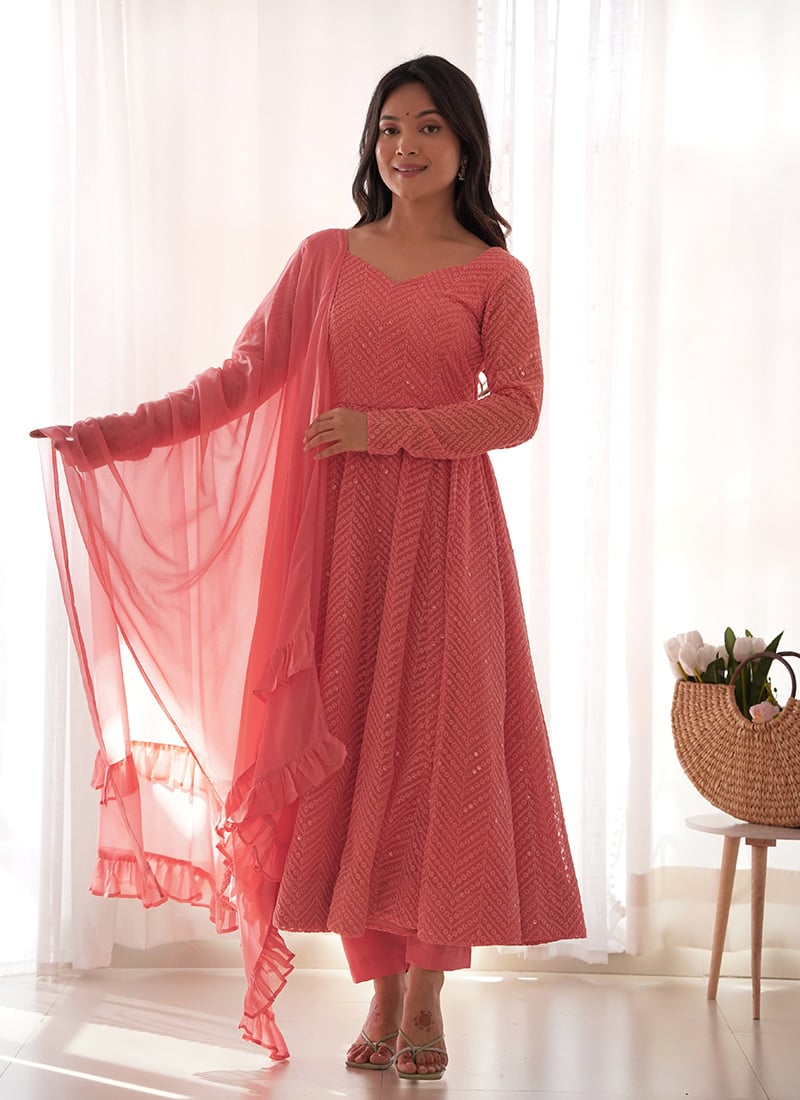 Coral Pink Faux Georgette Anarkali Suit With Sequins And Thread Embroidery Work After Six Wear