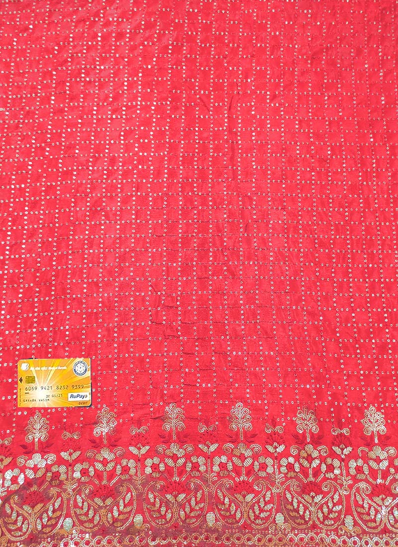 Coral Pink Chinon Embroidered Sequins Fabric