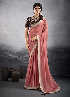 Coral Pink Faux Georgette Embroidered Sequins Saree
