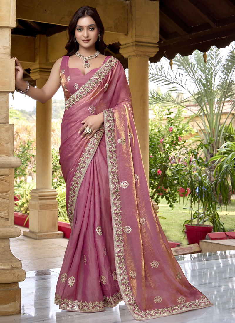 Coral Pink Fendi Satin Zari And Gota Work Embroidered Saree Festive Wear