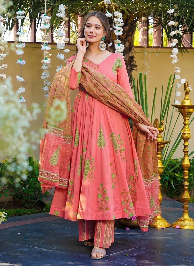 Coral Pink Muslin Digital Print Anarkali Suit After Six Wear