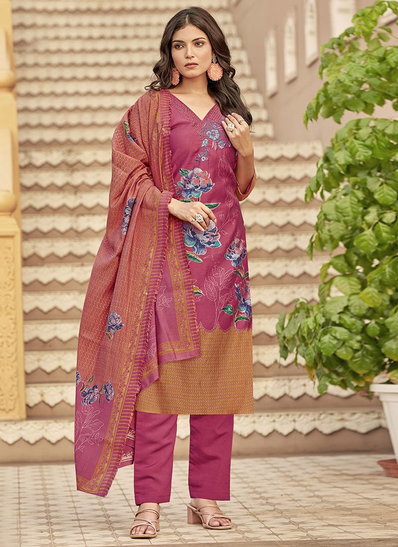 Coral Pink Muslin Digital Print Embroidered Straight Pant Suit Festive Wear
