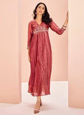 Coral Pink Organza Hand Work A Line Dress