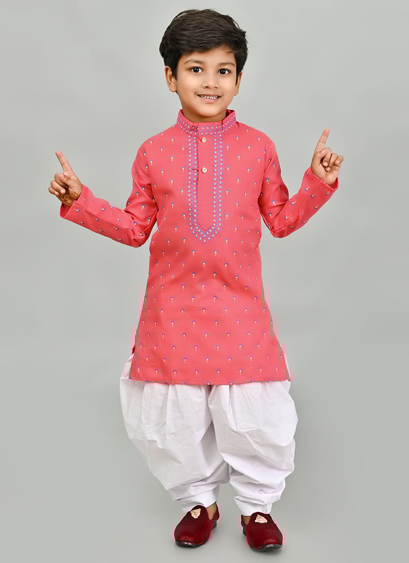 Coral Pink Printed Cotton Kids Dhoti Style Kurta Pyjama Festive Wear