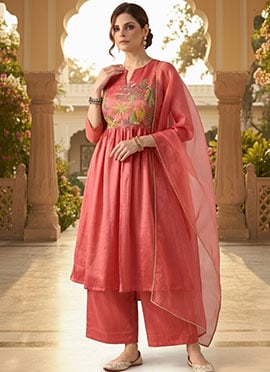 Coral Pink Resham Embroidered Silk Anarkali Suit
