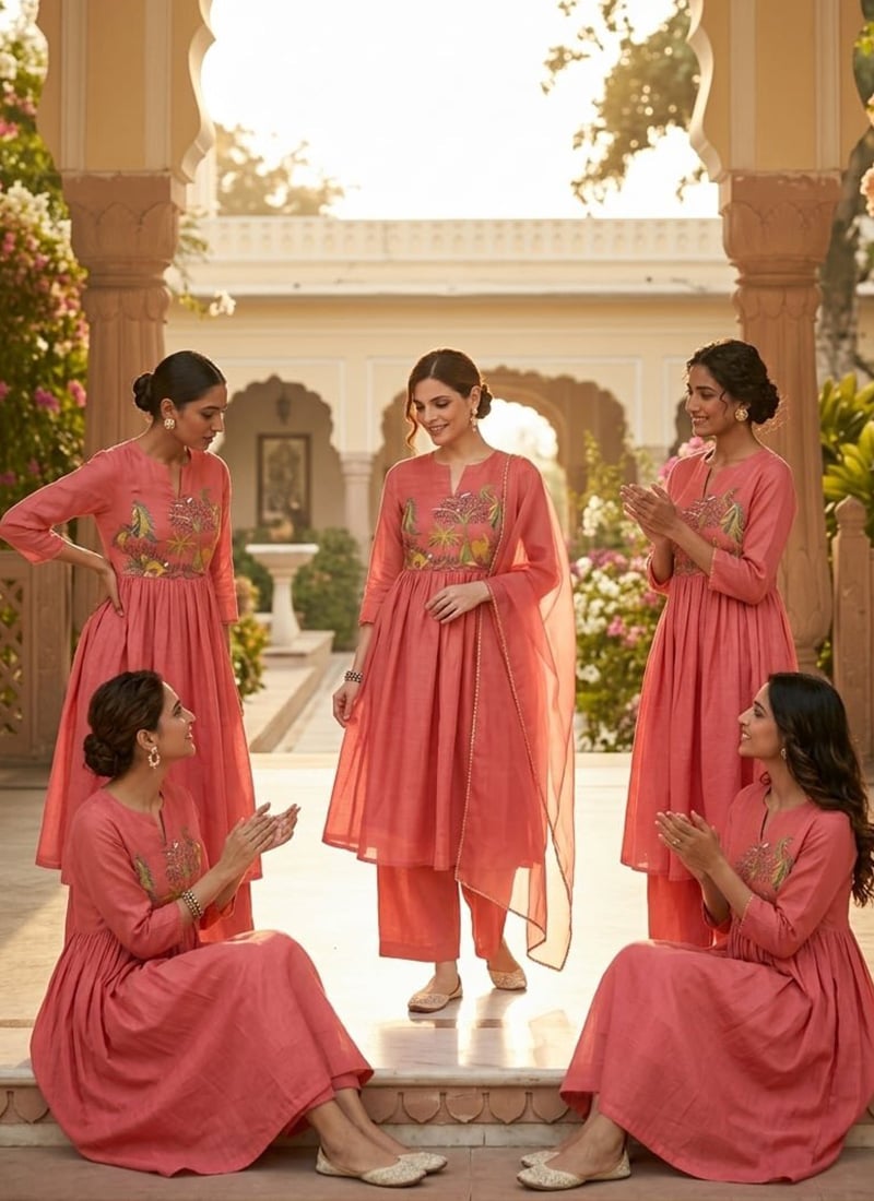Coral Pink Resham Embroidered Silk Anarkali Suit Festive Wear