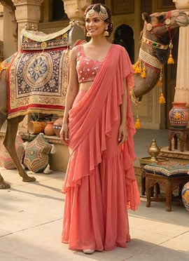 Coral Pink Ruffled Pre Draped Sharara Style Saree with Embellished Blouse