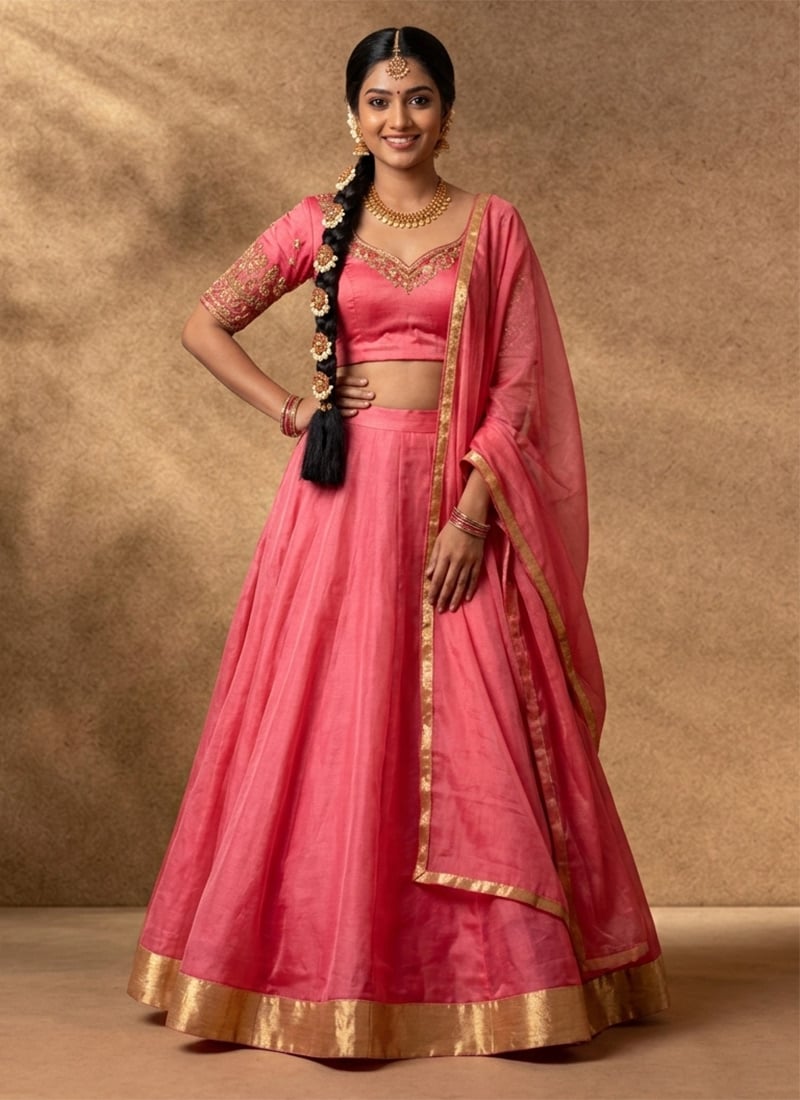 Coral Pink Silk Blend Lehenga Set With Zari Hand Embroidery Wedding Wear