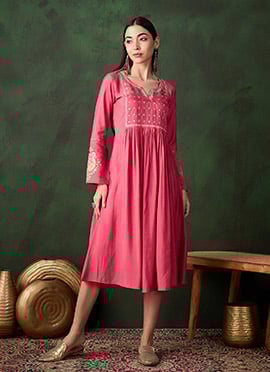 Coral Pink Silk Embroidered Sequins Dress