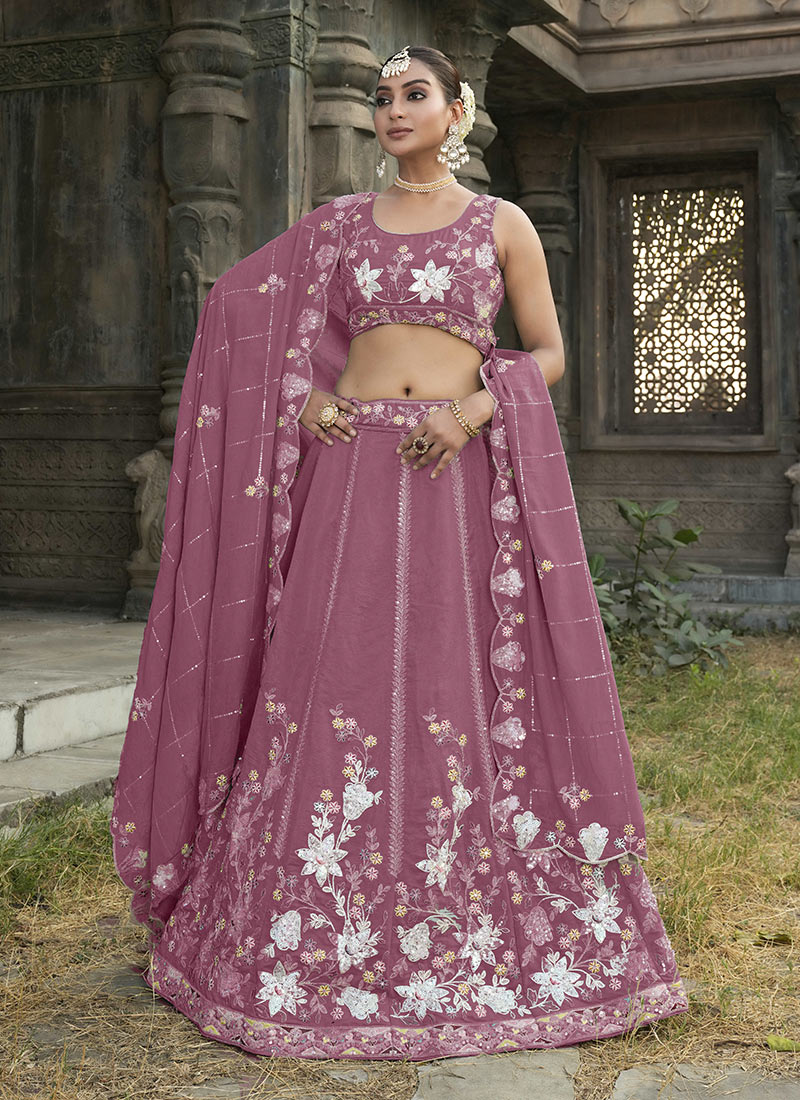 Pink Paisley Pattern Silk Lehenga with Embroidery, Sequin, Pearl & Zari Work Blouse & Dual Dupatta Set - Buy main image 1