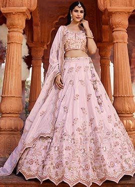 Coral Pink Tissue Embroidered Sequins With Moti Work Lehenga