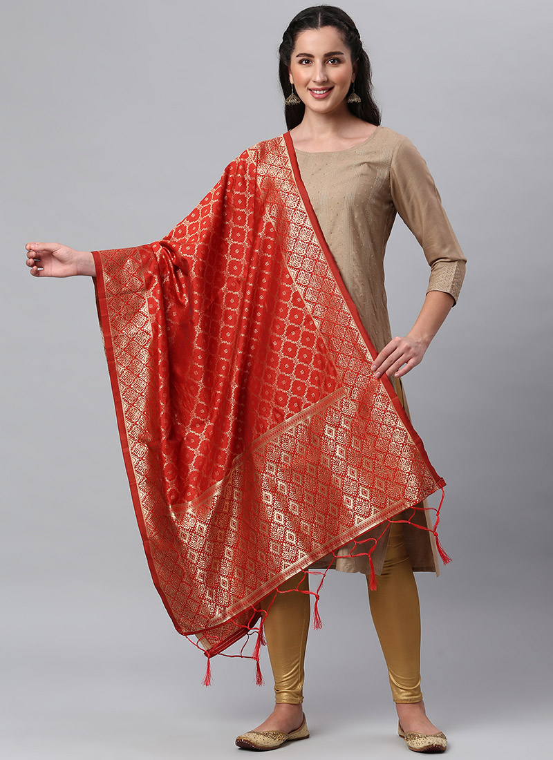 Coral Red Benarasi Silk Jacquard Woven Dupatta Festive Wear