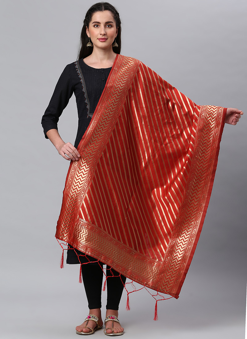 Coral Red Benarasi Silk Jacquard Woven Dupatta Festive Wear