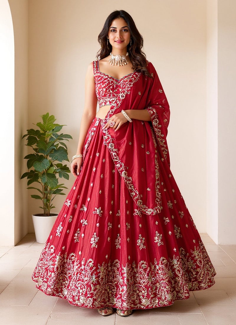 Coral Red Chinon  Lehenga With Embroidery Sequins And Zari Work Wedding Wear