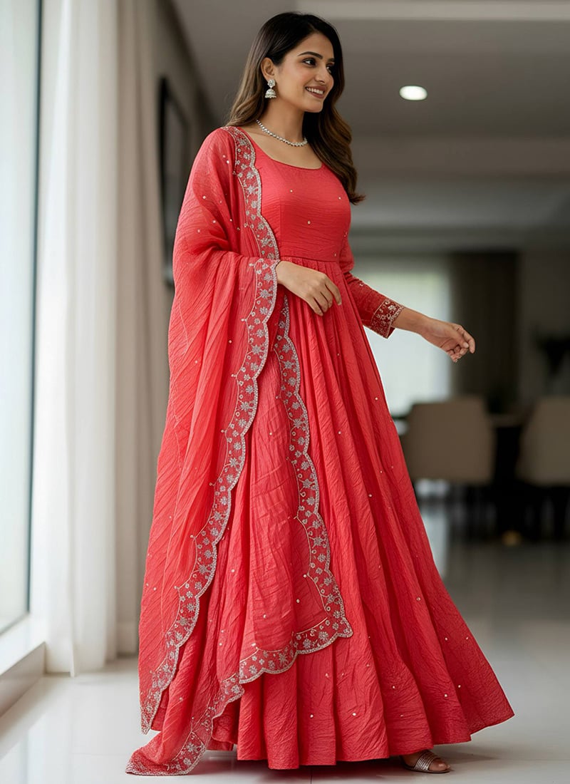Coral Red Crush Silk Embroidered Anarkali Suit Festive Wear