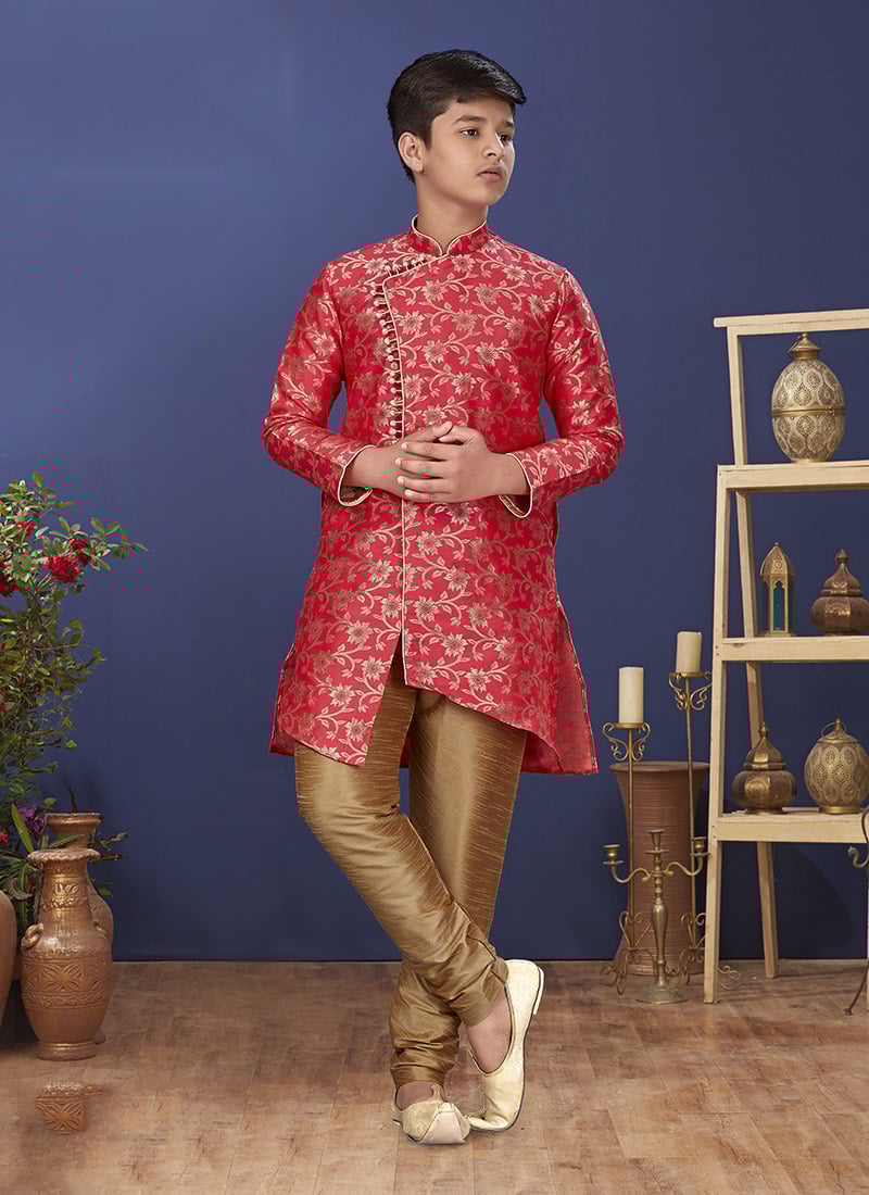 Coral Red Heavy Silk Boys Indowestern Sherwani
