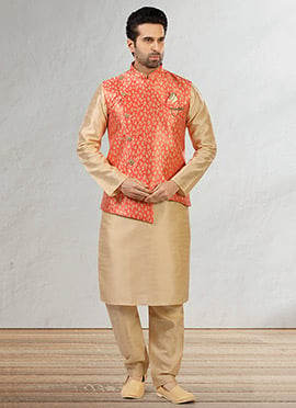 Coral Red Jacquard Benarasi Silk Bandi Set