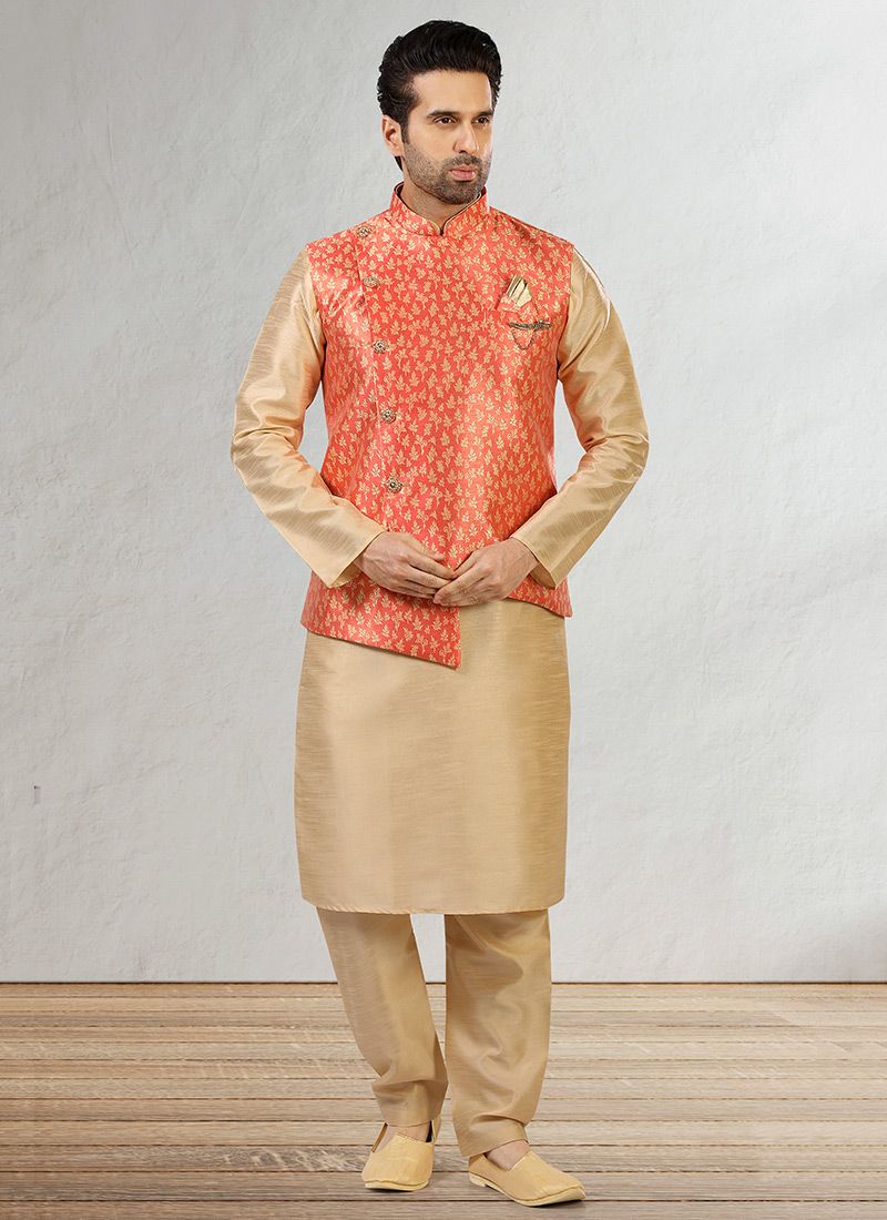 Coral Red Jacquard Benarasi Silk Bandi Set Party Wear