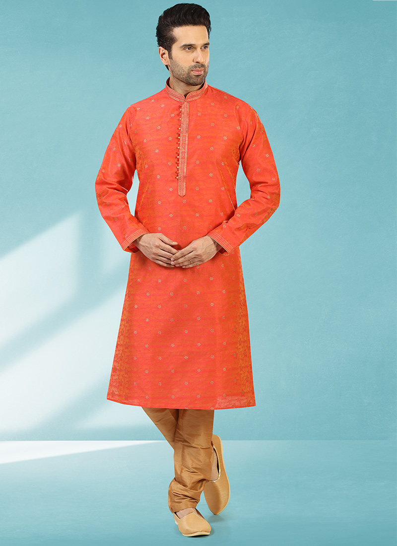 Coral Red Jacquard Silk Brocade Kurta Pyjama Party Wear