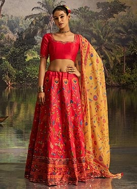 Coral Red Silk Zari Sequins With Stone Work Lehenga
