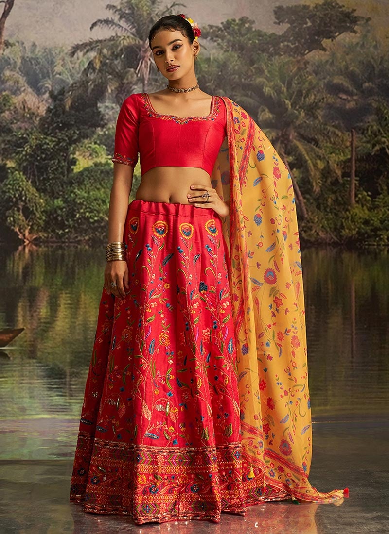 Coral Red Silk Zari Sequins With Stone Work Lehenga