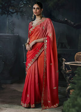 Coral Red Tissue Silk Zari Embroidery Sequins Saree
