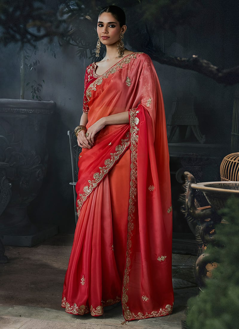 Coral Red Tissue Silk Zari Embroidery Sequins Saree Wedding Wear