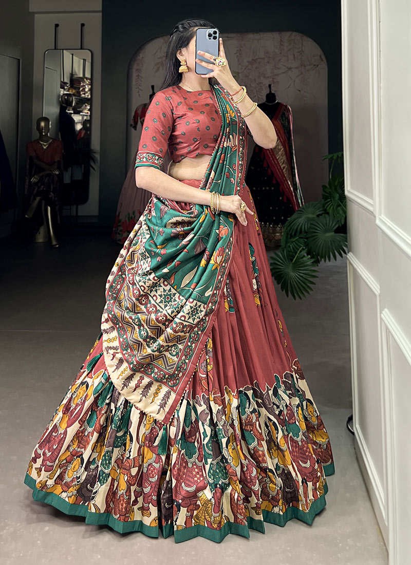 Coral Red Tussar Silk Kalamkari Print Lehenga Festive Wear