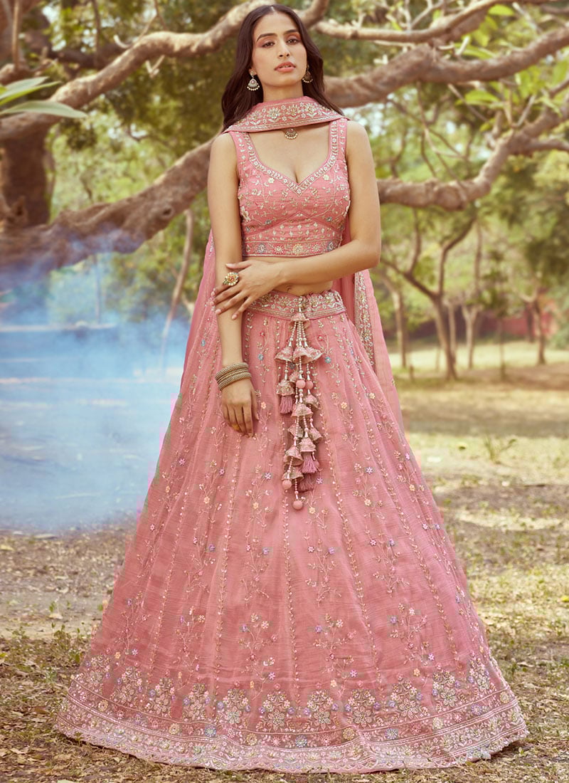 Coral Tissue Cut Dana Hand Work Zari And Moti Embroidered Regal Lehenga Wedding Wear