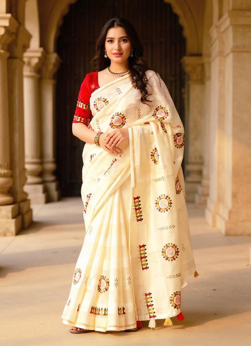 Cotton Blend Warli Embroidered Saree Festive Wear