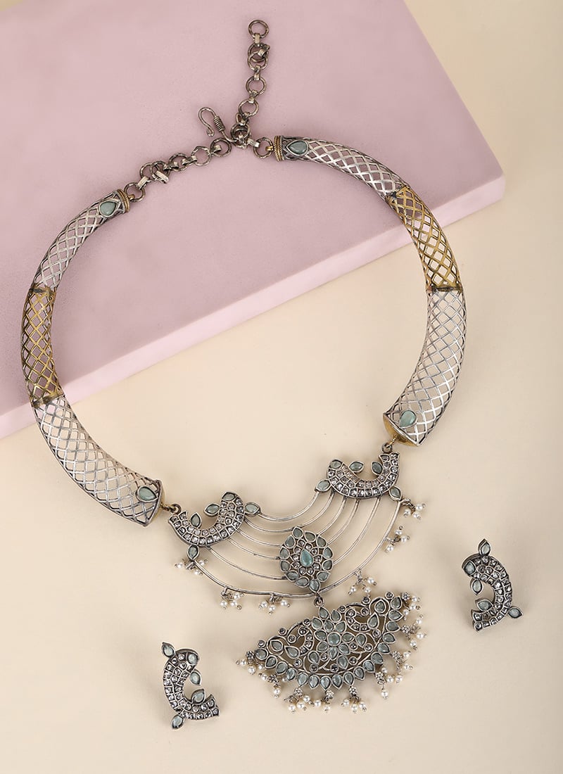 Couture Dual Tone Handcrafted Brass Necklace With Earings Party Wear