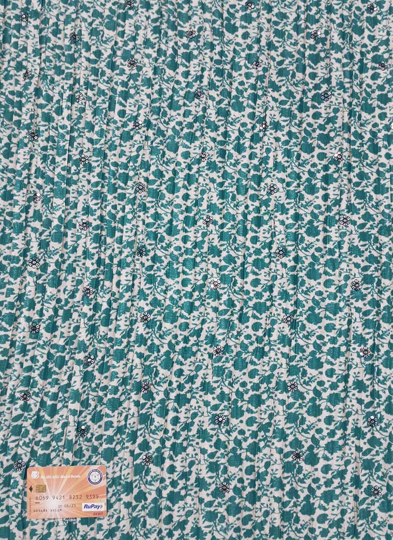 Cream and Blue Chinon Printed N Embroidered Fabric