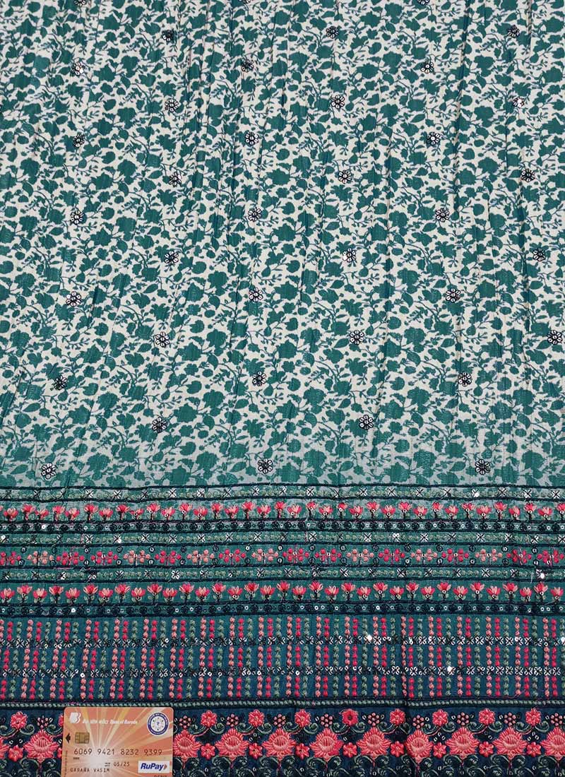 Cream and Blue Chinon Printed N Embroidered Fabric