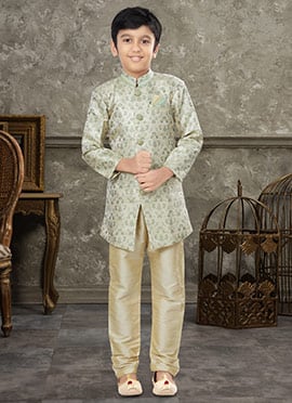 Cream And Green Art Silk Jacquard Indowestern Sherwani